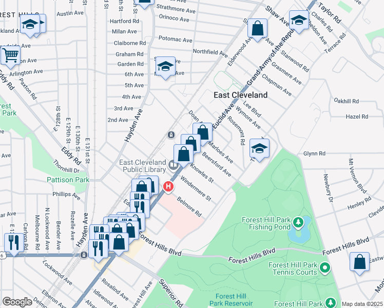 map of restaurants, bars, coffee shops, grocery stores, and more near 14233 Euclid Ave in East Cleveland