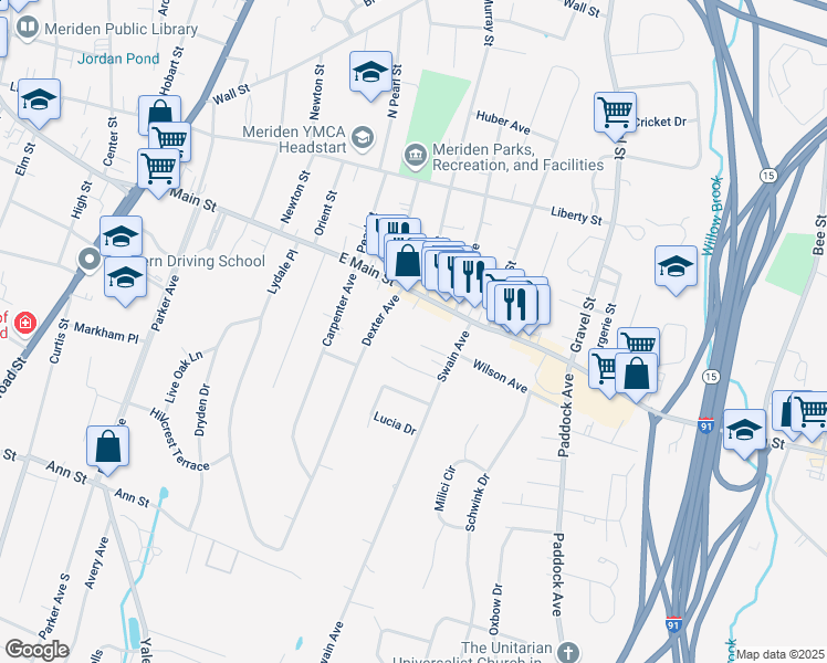 map of restaurants, bars, coffee shops, grocery stores, and more near 657 East Main Street in Meriden