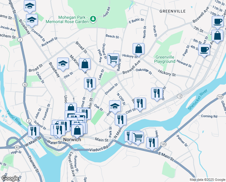 map of restaurants, bars, coffee shops, grocery stores, and more near 36 Reynolds Street in Norwich