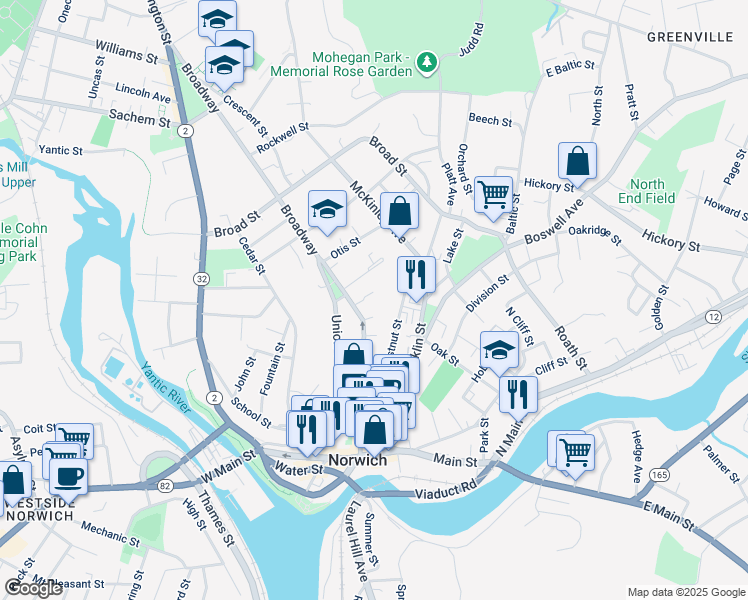 map of restaurants, bars, coffee shops, grocery stores, and more near 167 Broadway in Norwich