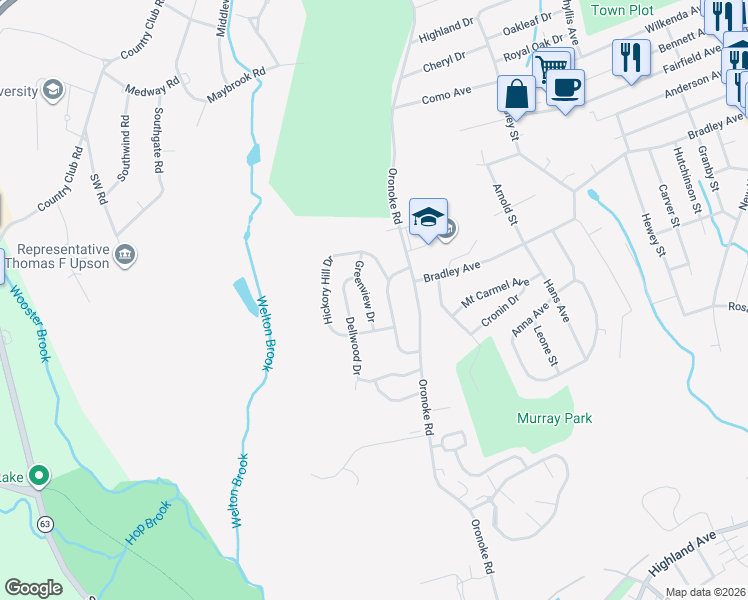 map of restaurants, bars, coffee shops, grocery stores, and more near 25 Greenview Drive in Waterbury