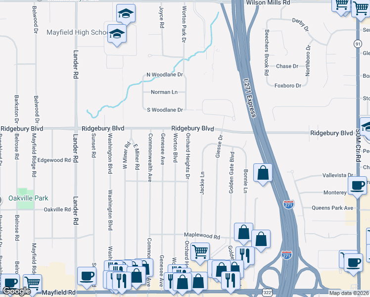 map of restaurants, bars, coffee shops, grocery stores, and more near 1157 Worton Boulevard in Mayfield Heights