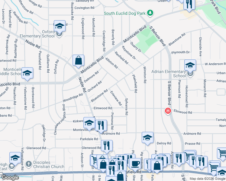 map of restaurants, bars, coffee shops, grocery stores, and more near 1143 Erieview Road in Cleveland Heights