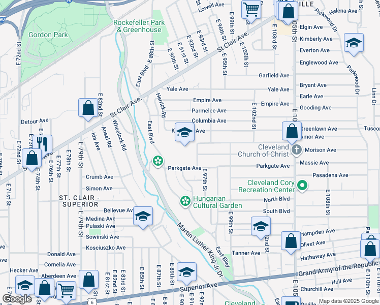 map of restaurants, bars, coffee shops, grocery stores, and more near 9202 Pierpont Avenue in Cleveland