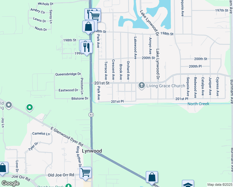 map of restaurants, bars, coffee shops, grocery stores, and more near 20145 Woodale Street in Lynwood
