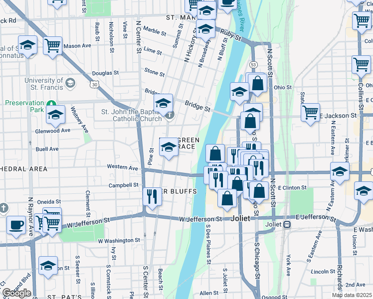 map of restaurants, bars, coffee shops, grocery stores, and more near 316 Spring Street in Joliet