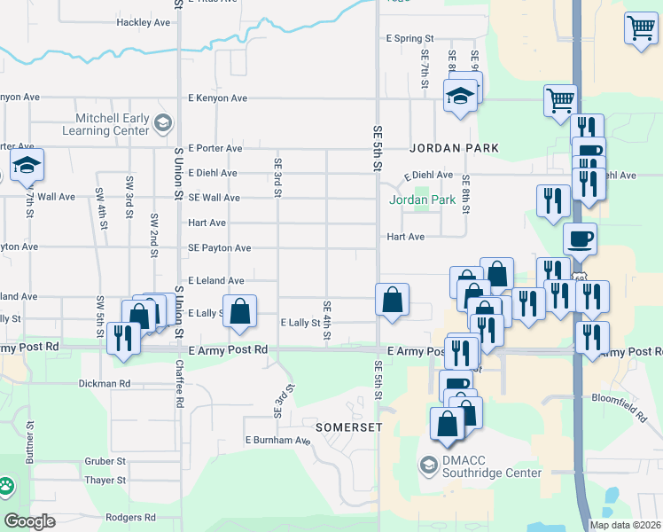 map of restaurants, bars, coffee shops, grocery stores, and more near 6100 Southeast 4th Street in Des Moines