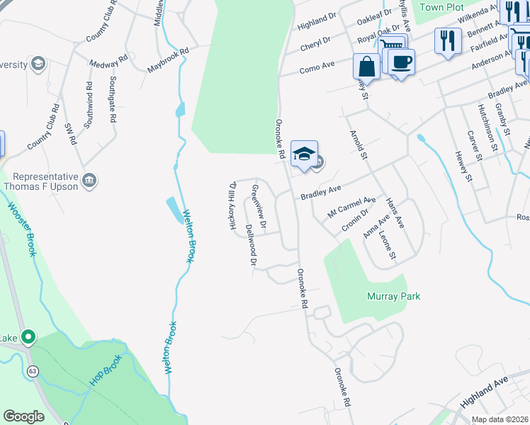 map of restaurants, bars, coffee shops, grocery stores, and more near 25 Greenview Drive in Waterbury