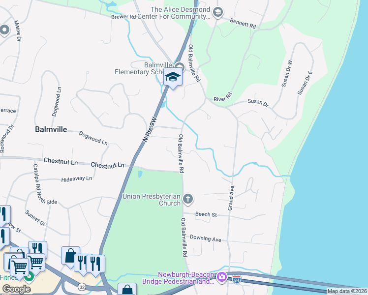 map of restaurants, bars, coffee shops, grocery stores, and more near 64 Old Balmville Road in Newburgh