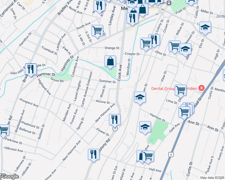 map of restaurants, bars, coffee shops, grocery stores, and more near 33 Elliott Street in Meriden