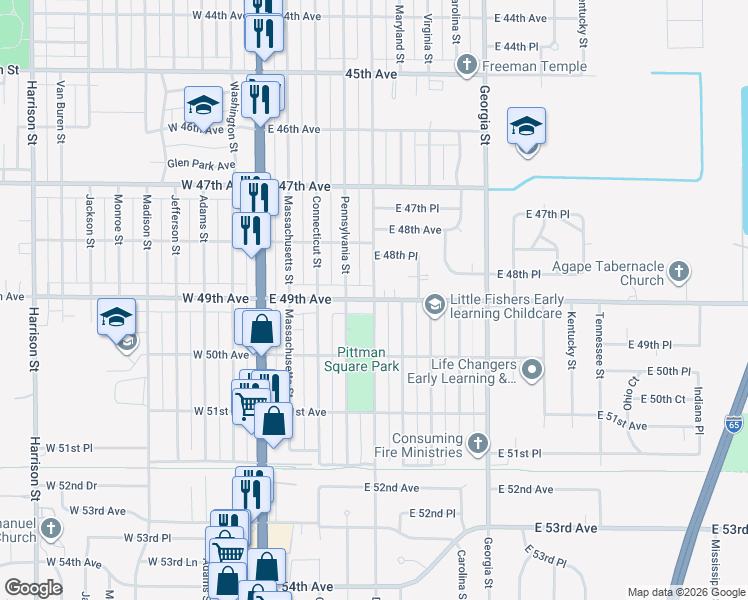 map of restaurants, bars, coffee shops, grocery stores, and more near 4900 Delaware Street in Gary