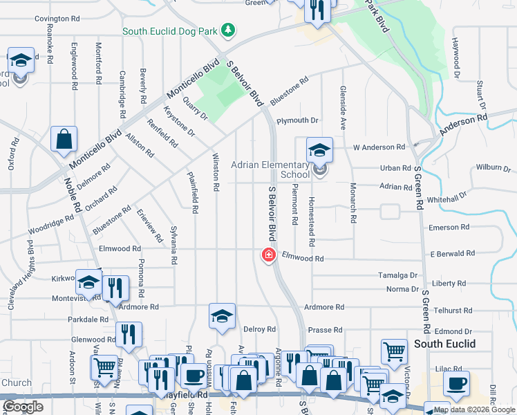 map of restaurants, bars, coffee shops, grocery stores, and more near 1138 South Belvoir Boulevard in South Euclid