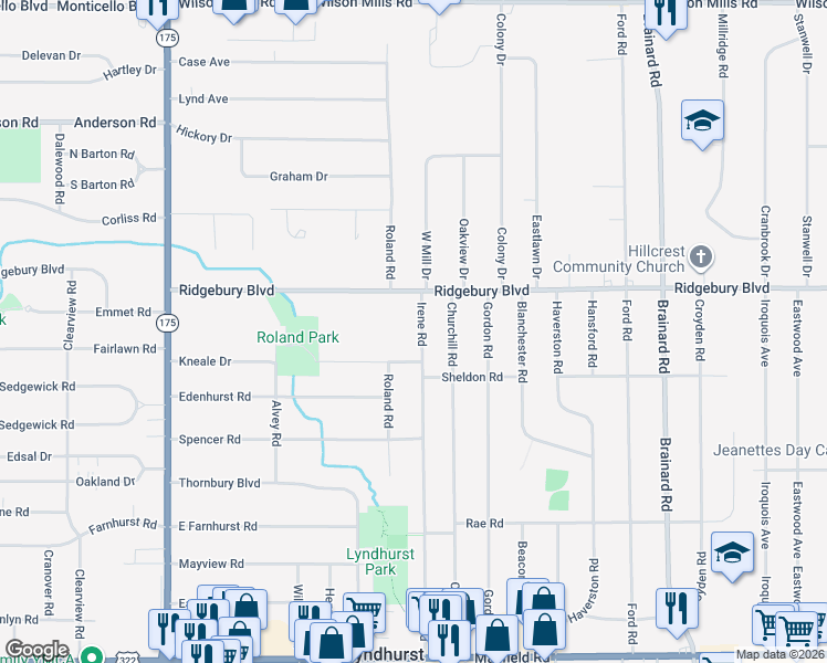 map of restaurants, bars, coffee shops, grocery stores, and more near 1144 Irene Road in Lyndhurst
