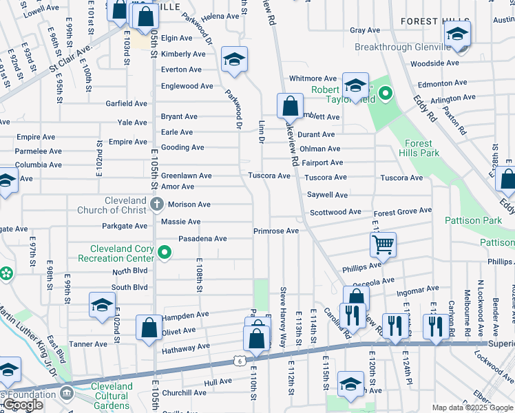 map of restaurants, bars, coffee shops, grocery stores, and more near 1033 Parkwood Drive in Cleveland