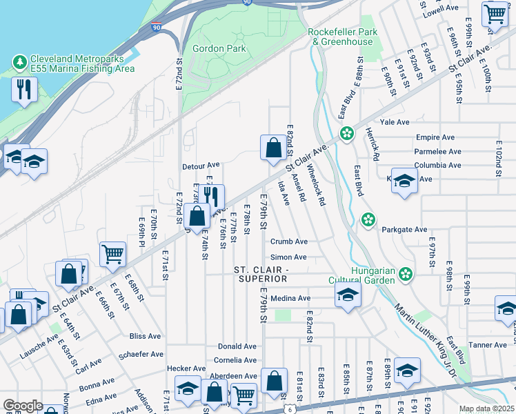 map of restaurants, bars, coffee shops, grocery stores, and more near 955 East 78th Street in Cleveland