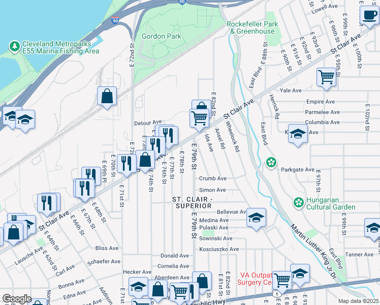 map of restaurants, bars, coffee shops, grocery stores, and more near 955 East 78th Street in Cleveland