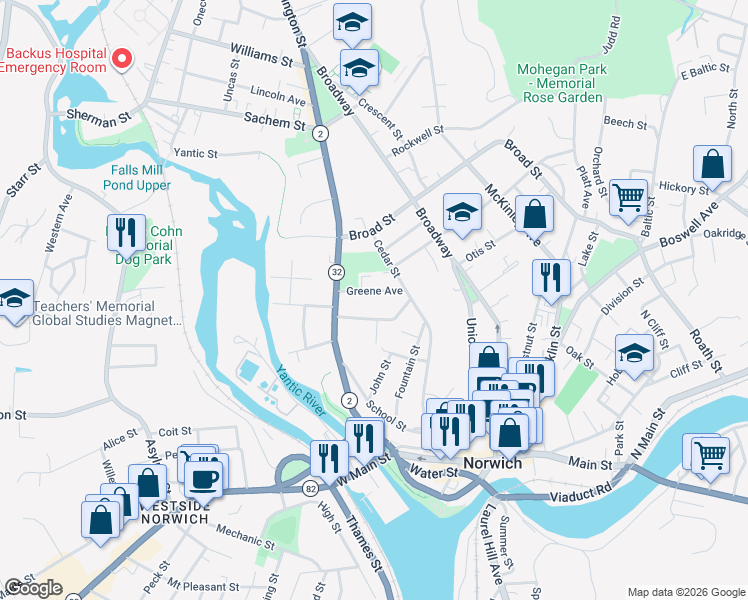 map of restaurants, bars, coffee shops, grocery stores, and more near 34 Buckingham Avenue in Norwich