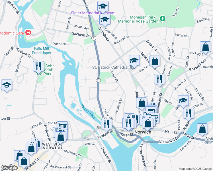 map of restaurants, bars, coffee shops, grocery stores, and more near 34 Buckingham Avenue in Norwich