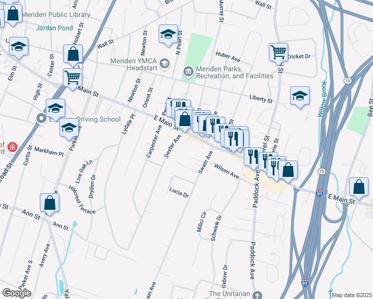 map of restaurants, bars, coffee shops, grocery stores, and more near 657 East Main Street in Meriden