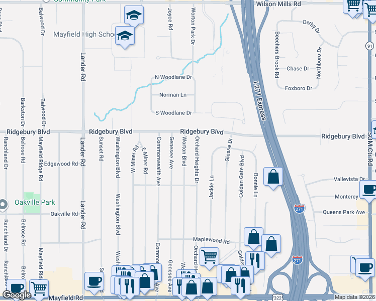 map of restaurants, bars, coffee shops, grocery stores, and more near 1157 Worton Boulevard in Mayfield Heights
