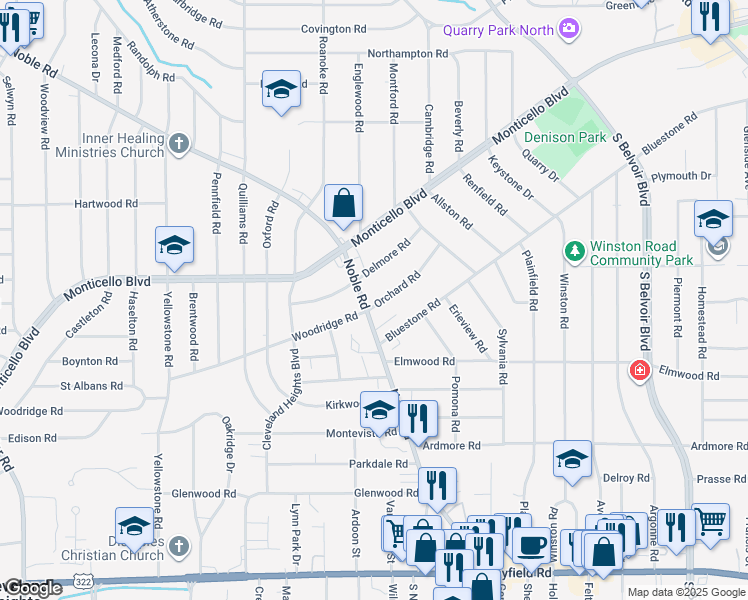 map of restaurants, bars, coffee shops, grocery stores, and more near 2676 Noble Road in Cleveland Heights