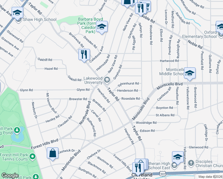 map of restaurants, bars, coffee shops, grocery stores, and more near 2268 North Taylor Road in Cleveland Heights