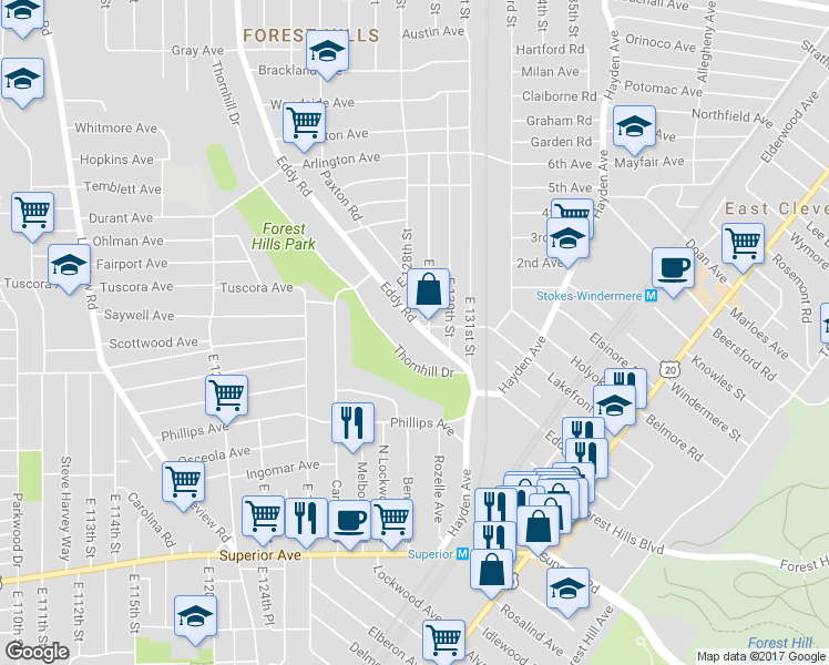 map of restaurants, bars, coffee shops, grocery stores, and more near 1093 Thornhill Drive in Cleveland
