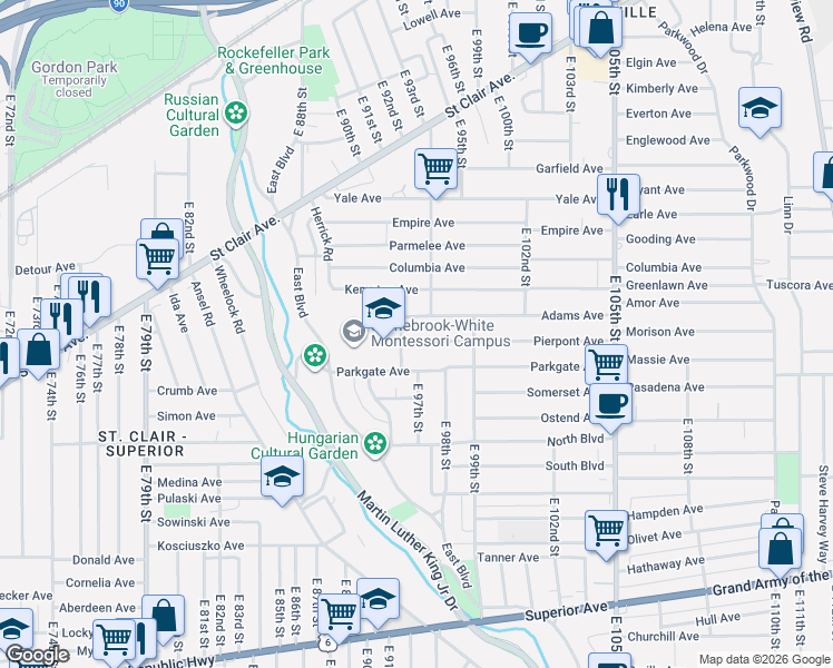map of restaurants, bars, coffee shops, grocery stores, and more near 9410 Pierpont Avenue in Cleveland