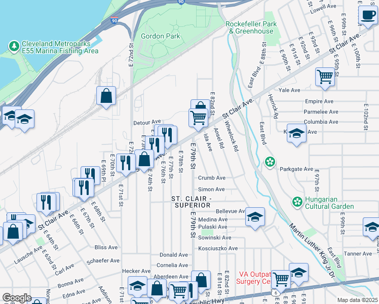 map of restaurants, bars, coffee shops, grocery stores, and more near 955 East 78th Street in Cleveland