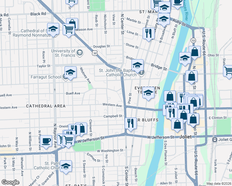 map of restaurants, bars, coffee shops, grocery stores, and more near 413 Buell Avenue in Joliet