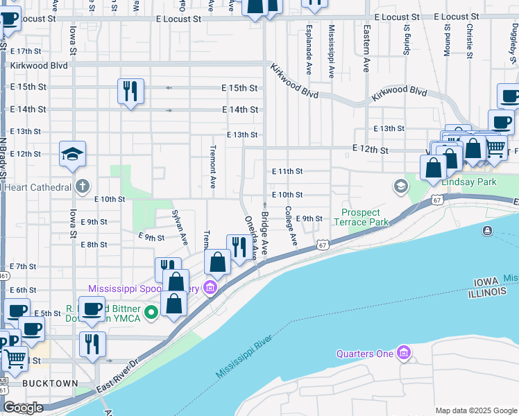map of restaurants, bars, coffee shops, grocery stores, and more near 902 Bridge Avenue in Davenport