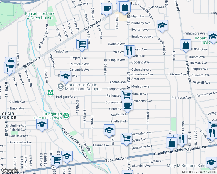 map of restaurants, bars, coffee shops, grocery stores, and more near 10206 Pierpont Avenue in Cleveland