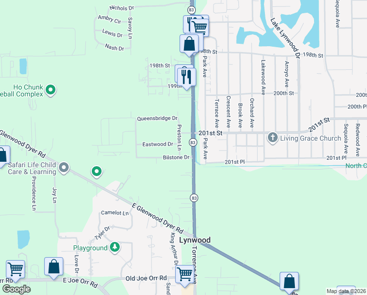 map of restaurants, bars, coffee shops, grocery stores, and more near 20173 Preston Lane in Lynwood