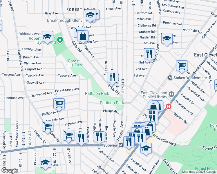 map of restaurants, bars, coffee shops, grocery stores, and more near 1093 Thornhill Drive in Cleveland