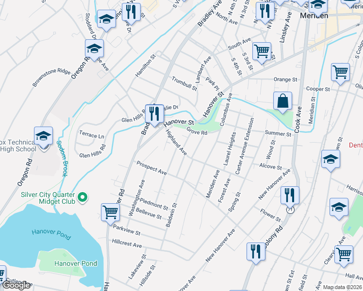 map of restaurants, bars, coffee shops, grocery stores, and more near 230 Highland Avenue in Meriden