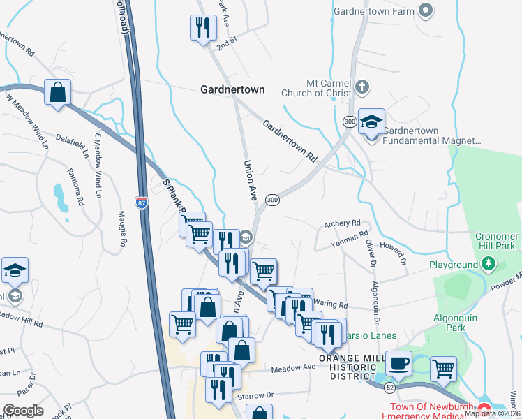 map of restaurants, bars, coffee shops, grocery stores, and more near 1472 New York 300 in Newburgh