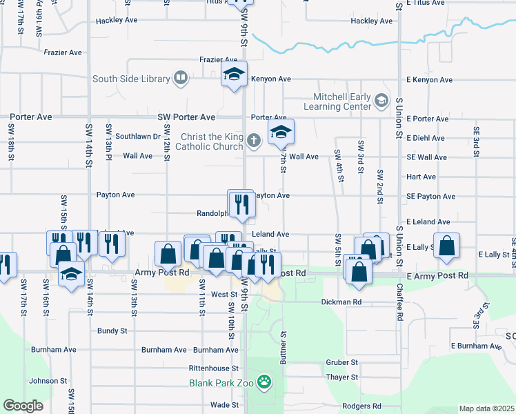 map of restaurants, bars, coffee shops, grocery stores, and more near 6107 Southwest 9th Street in Des Moines