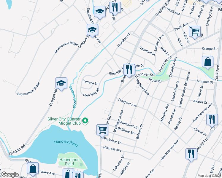 map of restaurants, bars, coffee shops, grocery stores, and more near 435 Bradley Avenue in Meriden