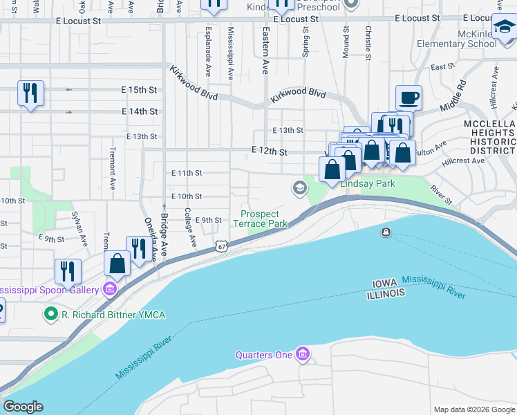 map of restaurants, bars, coffee shops, grocery stores, and more near 1614 Prospect Drive in Davenport