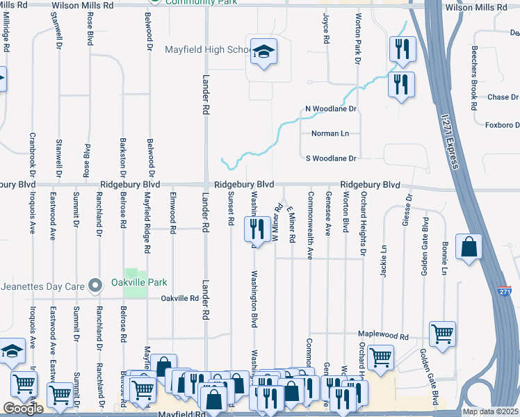map of restaurants, bars, coffee shops, grocery stores, and more near 1156 Washington Boulevard in Mayfield Heights