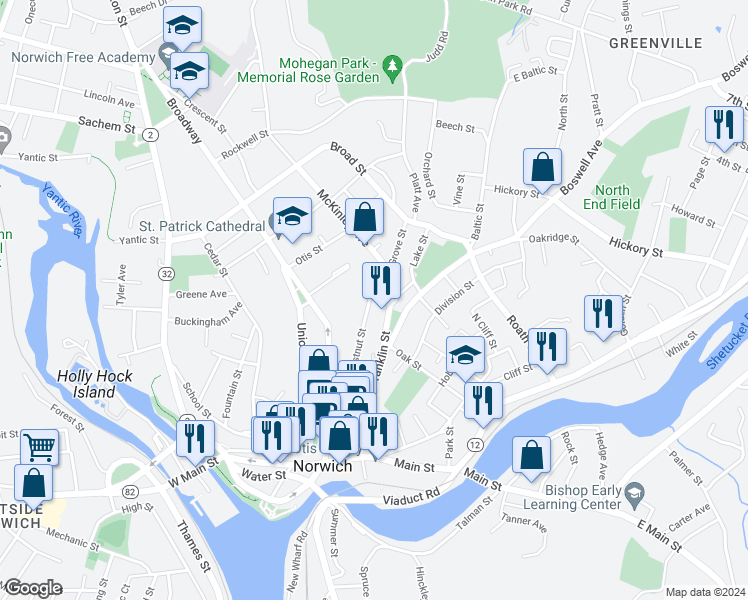 map of restaurants, bars, coffee shops, grocery stores, and more near 262 Franklin Street in Norwich