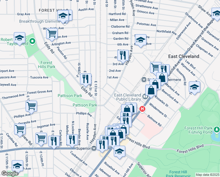 map of restaurants, bars, coffee shops, grocery stores, and more near 1834 Hayden Avenue in East Cleveland