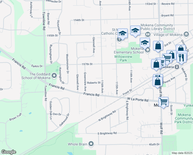 map of restaurants, bars, coffee shops, grocery stores, and more near 11618 Roberts Street in Mokena
