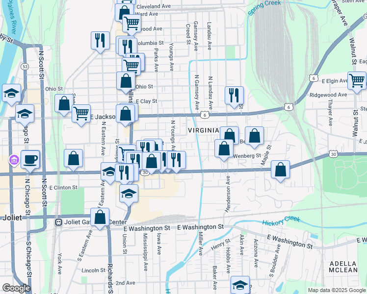 map of restaurants, bars, coffee shops, grocery stores, and more near 555 East Dover Street in Joliet