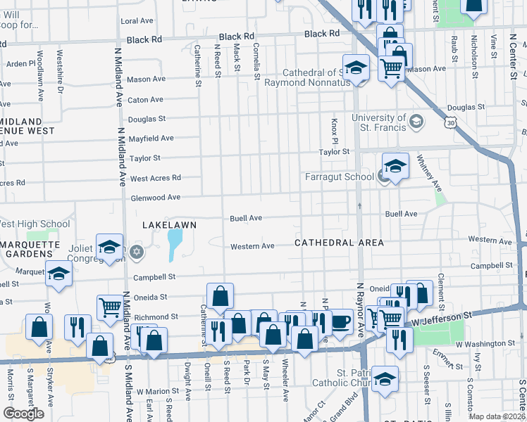map of restaurants, bars, coffee shops, grocery stores, and more near 1006 Buell Avenue in Joliet