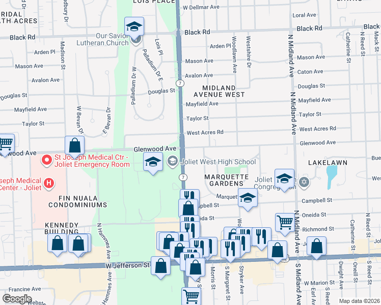 map of restaurants, bars, coffee shops, grocery stores, and more near 1646 Marquette Road in Joliet