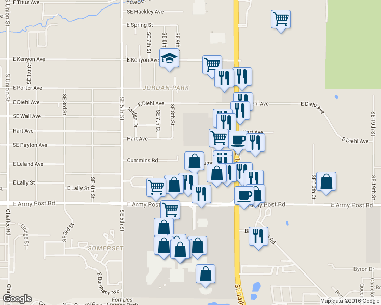 map of restaurants, bars, coffee shops, grocery stores, and more near 1200 Cummins Road in Des Moines
