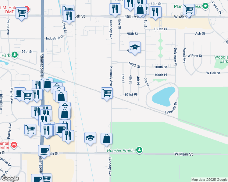 map of restaurants, bars, coffee shops, grocery stores, and more near 10117 Kennedy Avenue in Highland