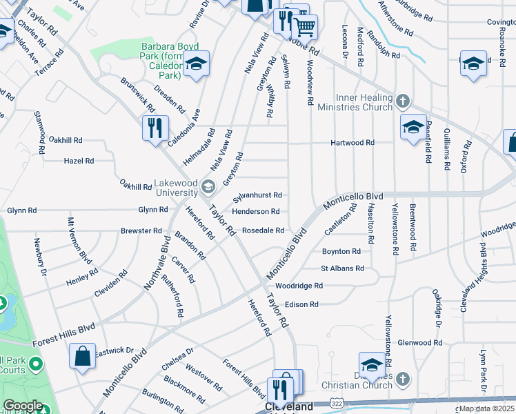 map of restaurants, bars, coffee shops, grocery stores, and more near 3390 Henderson Road in Cleveland Heights
