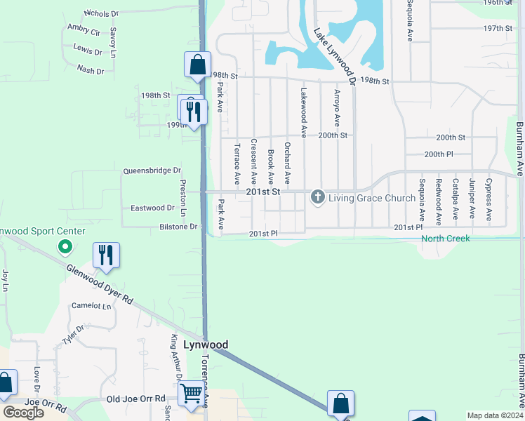 map of restaurants, bars, coffee shops, grocery stores, and more near 2517 Cedar Glen Drive North in Lynwood